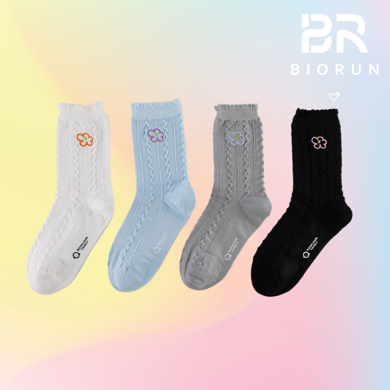 柏润袜子中筒袜小花刺绣棉袜WSS4820